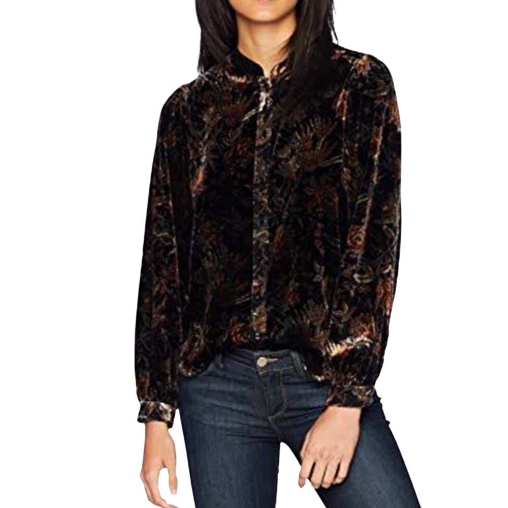 PAIGE Nyela XS Black Floral Burnout Velvet Mandarin Collar Button Up Top Gothic